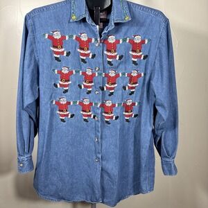 Vintage Womens M Cambridge Denim Shirt Santa Claus Christmas Holiday Denim
